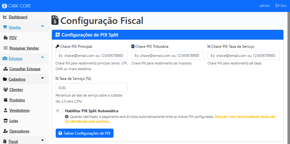 Resumo Fiscal com PIX Split Desabilitado