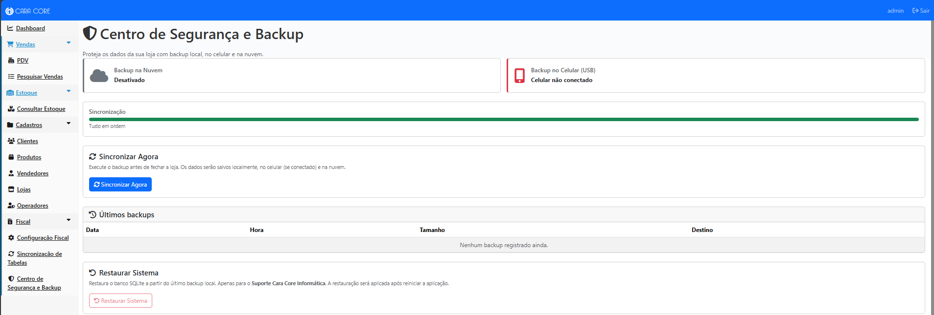 Centro de Segurança e Backup - CaraCore-PDV