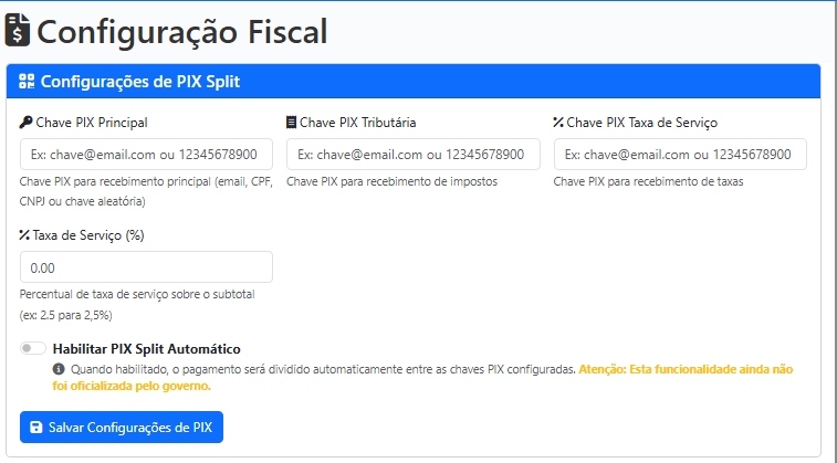 Configurações de PIX Split - Chaves PIX e Toggle de Ativação