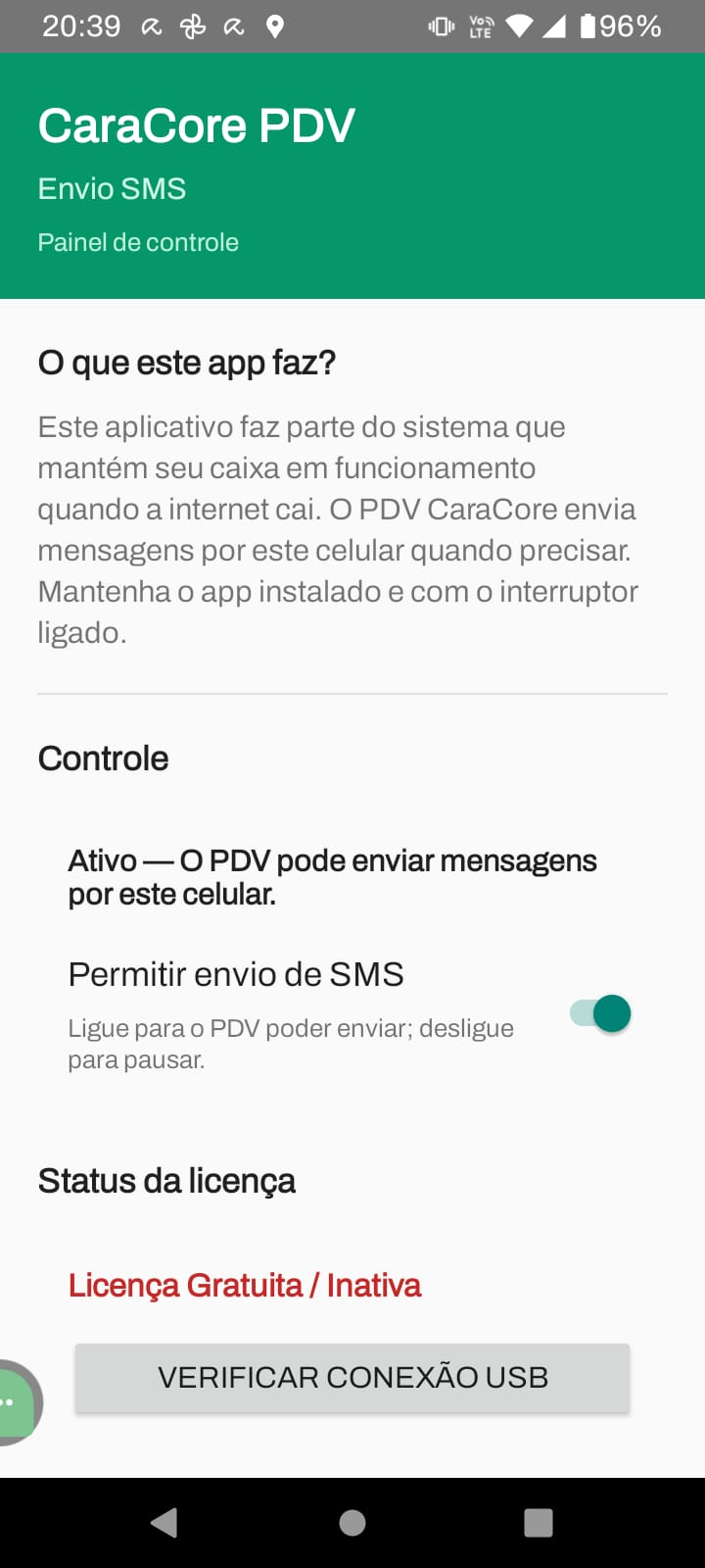 App PDV Enviar SMS no celular: tela de configuração, status da licença e Verificar Conexão USB